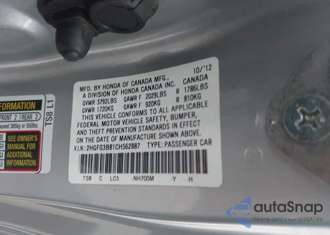 2012 Honda Civic Ex z USA, uszkodzony, nr VIN 2HGFG3B81CH562887